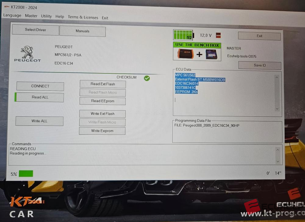 KT200II Bench Read / Write Peugeot 307 2009 1.6 HDI EDC16C34-03