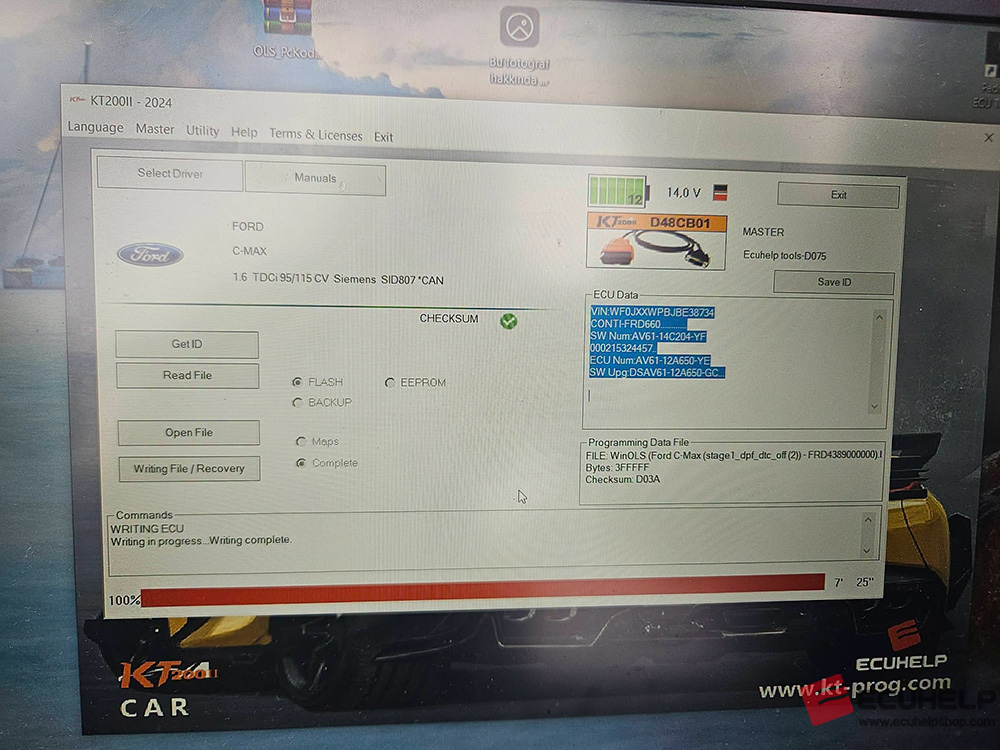 ECUHELP KT200II Read Write Ford C-Max 2011 1.6 115hp SID807 via OBD-03